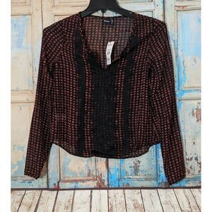 Cruel Womens Size XS Red Black Lips Kiss Print Long Sleeve Peasant Blouse Shirt